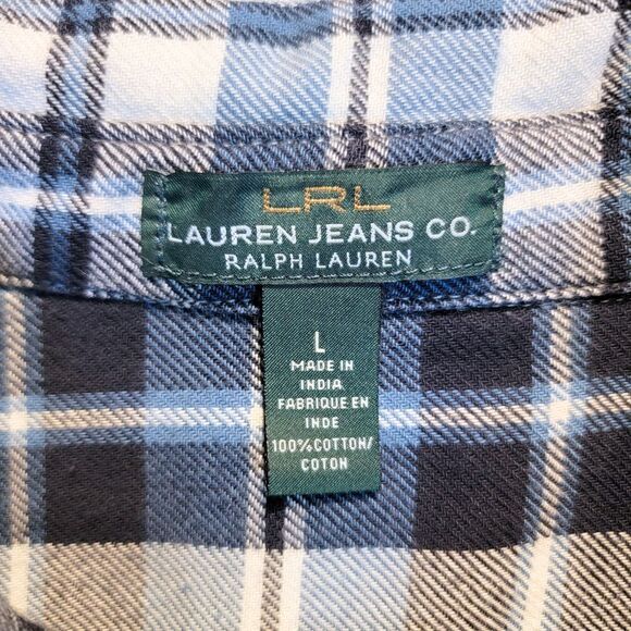 RALPH LAUREN Ruffle Front Plaid Button Up Flannel Shirt Womens L Derby Modest - Picture 3 of 11